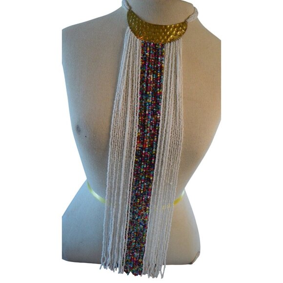 African Inspired Multicolored Beaded Bib Necklace With Hammered Brass Accent & F - Picture 8 of 8